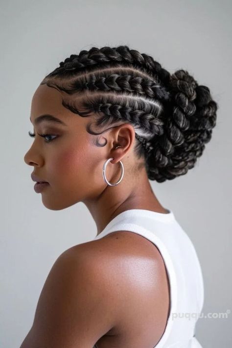 Braid Buns Hairstyles For Black Women, Pony Braids For Black Women, Professional Cornrows For Work, Braided Up Do For Black Women, Superhero Hairstyles, 4c Updo, Corn Rows Braids Black Women, Simple Cornrow Hairstyles, Braided Bun For Black Women