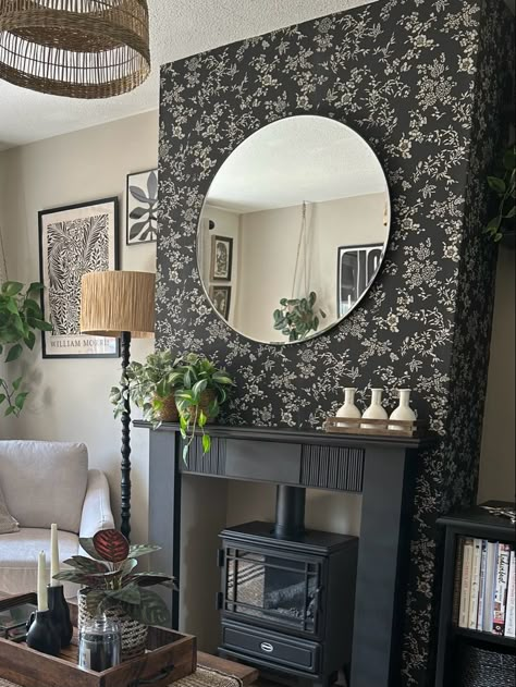 Desperate for a fireplace, I added this stud wall chimney breast, upcycled a surround and built a hearth. 2 Windows Living Room, Chimney Breast Decor, Fake Chimney, Council House Renovation, Vibey Rooms, Living Room Inspiration Board, Chimney Decor, Small Bedroom Inspiration, Green Lounge