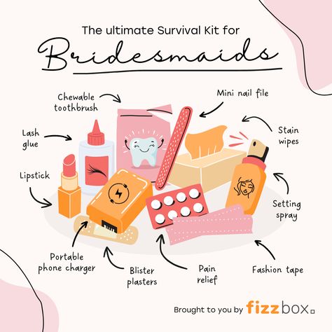 The Top 10 Bridesmaid Survival Kit Essentials Revealed! | Fizzbox Bridesmaid Essentials, Bridesmaid Emergency Kit, Bridesmaids Essentials, Bridesmaid Kit, Bridesmaid Survival Kit, Party Survival Kit, Bachelorette Party Planning, Cat Wedding, Bridesmaid Getting Ready