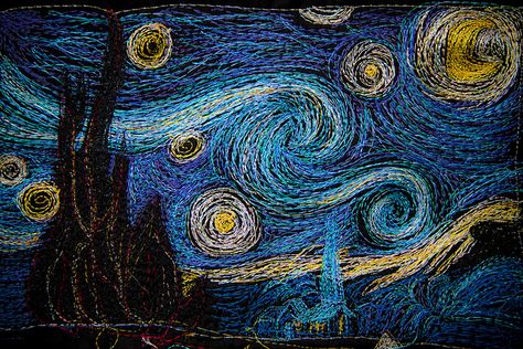 All sizes | Van Gogh's Starry Night in quilt form | Flickr - Photo Sharing! Textiles Sketchbook, Yarn Painting, Fabric Postcards, Starry Nights, Scratch Art, Quilt Art, The Starry Night, Art Parody, Free Motion Embroidery