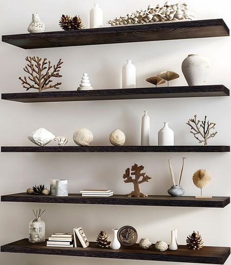 PRICES MAY VARY. 🌲【BEAUTIFUL GRAIN FLOATING SHELVES】Rustic look, stereoscopic wood grain, farmhouse floating shelves coordinates perfectly with your home decor, it brings a whole new life to your bathroom, bedroom, office or kitchen, you will receive tons of compliments on it! 🌲【HIGH QUALITY STURDY WALL SHELF】The premium wall shelf depends on the handpicked wood materials, durable hardware, and can hold a surprising amount of weight. 🌲【EASY TO INSTALL WOOD SHELVES】All hardware is included wit Bedroom Floating Shelves Decor, Floating Shelf Layout, Floating Shelves Office Decor, Long Floating Shelves Living Room, Living Room Floating Shelves Around Tv, Dark Floating Shelves, Floating Shelf Above Tv, Floating Shelves Dining Room Wall, Dark Wood Floating Shelves