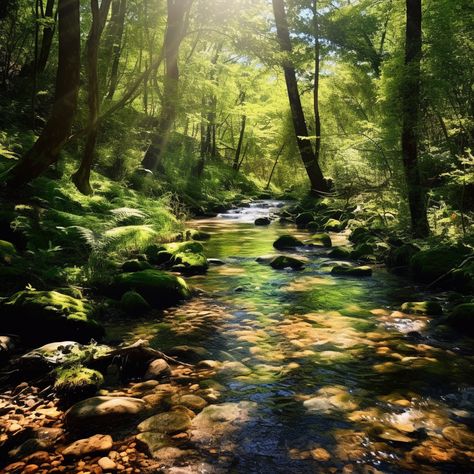 Creek in the Forest Nathalie Core Aesthetic, Creek In The Forest, Forest Creek Aesthetic, Forest Aesthetic Bright, Taiga Forest Aesthetic, Creek Aesthetic Nature, Soft Forest Aesthetic, Beverly Core, Aesthetic Woods Forest