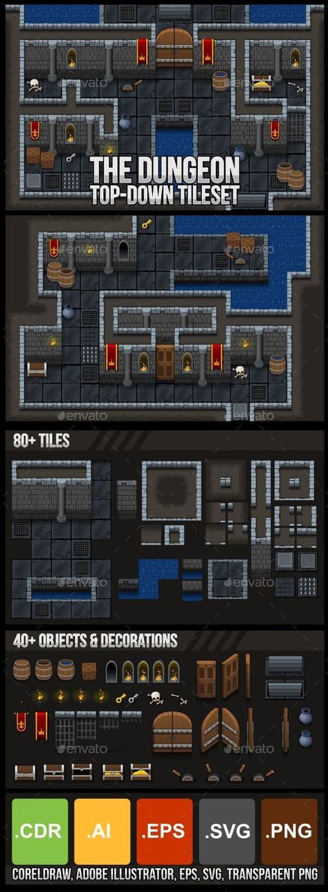 The Dungeon - Top Down Tileset - Tilesets Game Assets Top Down Tileset, Medieval Dungeon, Game Maker Studio, Bord Games, Rpg Table, Top Down Game, Game Maker, Map Symbols, Pixel Art Tutorial