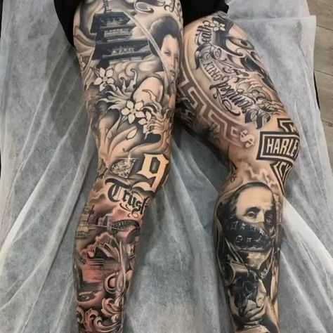 Thigh Piece Tattoos Men, Buttocks Tattoo Men, Gangsta Leg Sleeve, Leg Sleve Ideas For Men, Mens Leg Sleeve Tattoo Design, Full Leg Sleeve Tattoo Male, Full Leg Sleeve Tattoos For Guys, Leg Sleeve Tattoo Male Design, Leg Tats For Men