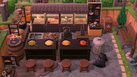 I created my own little restaurant on my animal crossing new horizons island and I love it!!! Acnh Noodle Stand, Acnh Outside Cafe Ideas, Acnh Night Market Ideas, Ramen Restaurant Acnh, Ramen Stand Acnh, Animal Crossing Pizza Stall, Animal Crossing Food Market, Shops Acnh Ideas, Animal Crossing Seafood Restaurant