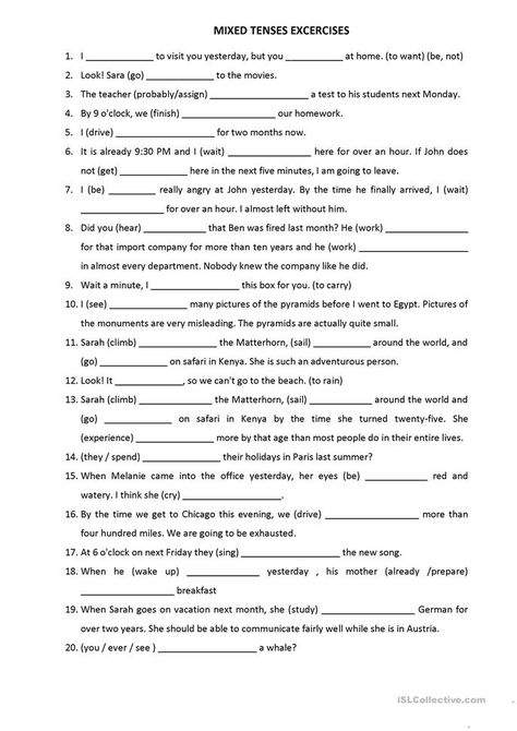 Mixed Tenses Excercises - English ESL Worksheets for distance learning and physical classrooms All Tenses In English, Verb Tenses Exercises, Tenses Exercises, All Tenses, Tenses English, English Grammar Exercises, Grammar Exercises, English Exercises, Verb Worksheets