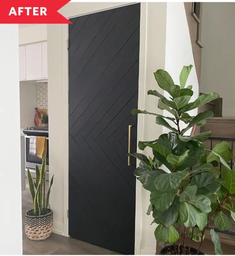 Modern Natural Wood Door, Geometric Door Diy, Basement Doors Interior, Updating Pantry Door, Interior Door Update Diy, Herringbone Door Diy, Geometric Door Design, Basement Door Ideas Interior, Pantry Door Update