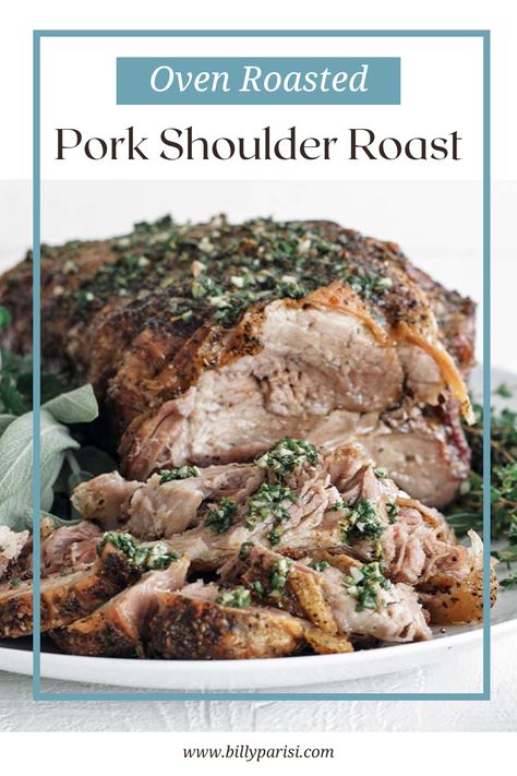 This oven roasted pork shoulder roast is so tender and tasty. It is roasted to golden brown and served with a herbacious garlic sauce. You will love the delicious flavor of this pork roast and how easy it is to roast in the oven. Pork is the perfect choice when you are entertaining a crowd. Pork Picnic Shoulder Recipes Oven, Pork Roast With Bone In Recipes, Pork Roast And Potatoes In Oven, Pork Roast Shoulder Recipes, Shoulder Pork Roast Oven, Slow Roast Pork Shoulder, Best Pork Shoulder Recipe, Boneless Pork Shoulder Roast In Oven, Bone In Pork Shoulder Roast Recipes Oven