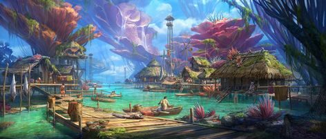 Coral Village Fantasy Landscape Village Art Ancient Tree, Puzzle 1000, 1000 Piece Jigsaw Puzzles, Fishing Villages, Environmental Art, Fantasy Landscape, Fantasy World, Animation Art, Card Art