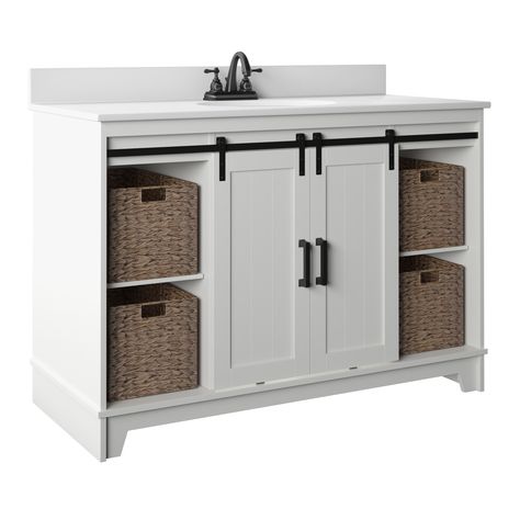 48" Sliding Barn Door Single Bathroom Vanity with Woven Baskets - Bed Bath & Beyond - 35985010 Farmhouse Vanity Bathroom, Easy Home Upgrades, Farmhouse Vanity, Boys Bathroom, Woven Baskets, Home Improvement Store, Home Upgrades, Sliding Barn Door, Barn Doors Sliding