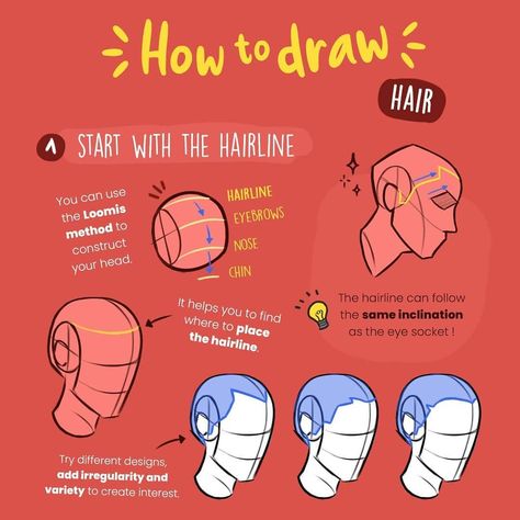 Photo by Zephy | Drawing tips ✨ on January 05, 2021. L’image contient peut-être : texte qui dit ’How to draw HAIR START WITH THE HAIRLINE You can use the Loomis method to construct head. your HAIRLINE EYEBROWS NOSE CHIN It helps you to find where place the hairline The hairline can follow the same inclination as the eye socket! Try different designs, add irregularity and variety to create interest.’. How To Draw Hair Line, How To Draw Hairline, Hairline Reference, Drawing Hairline, Hairline Drawing, Loomis Method, Anatomy Book, Gesture Drawing Poses, Eye Socket