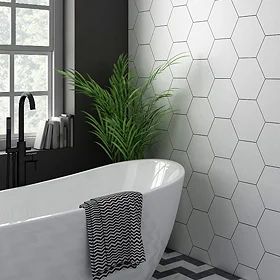 Wish List Bathroom Flooring Black And White, Hexagon Tile Bathroom Wall, White Hexagon Tile Bathroom, Hex Tiles Bathroom, Hexagon Tile Bathroom Floor, Hexagon Tile Bathroom, Black Hexagon Tile, White Hexagon Tiles, Hexagonal Tiles