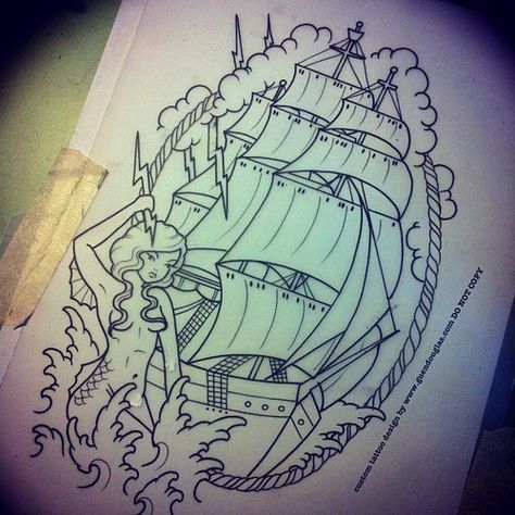 Guen Douglas Sea Pirate Ship Mermaid Tattoo, Mermaid Ship Tattoo, Mermaid And Ship Tattoo, Ships Pirate, Traditional Mermaid, Traditional Ship Tattoo, Pirate Ship Tattoos, Ship Tattoos, Aesthetic Artwork