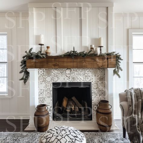 Bulky Fireplace Mantel, Faux Fireplace Mantels Shiplap, Fireplace Inspo Mantels, Decor On Each Side Of Fireplace, Cream Colored Fireplace, Barnwood Fireplace Mantle, Farmhouse Modern Fireplace, Mantels And Fireplaces, No Hearth Fireplace Ideas