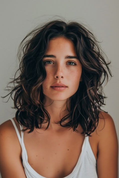 Young woman with shoulder-length wavy hair and a white tank top looking at the camera against a neutral background. Mid Bob Curly Hair, Mid Length Hair Curly Natural, Wavy Mid Length Hair Styles, Curly Hair Long Bob Haircut, Short Hair Curly Haircuts, Curly Hair Mid Length Natural, Wavy Long Bob Haircuts, Mid Length Hair Curly Styles, Long Bob Curly Haircuts