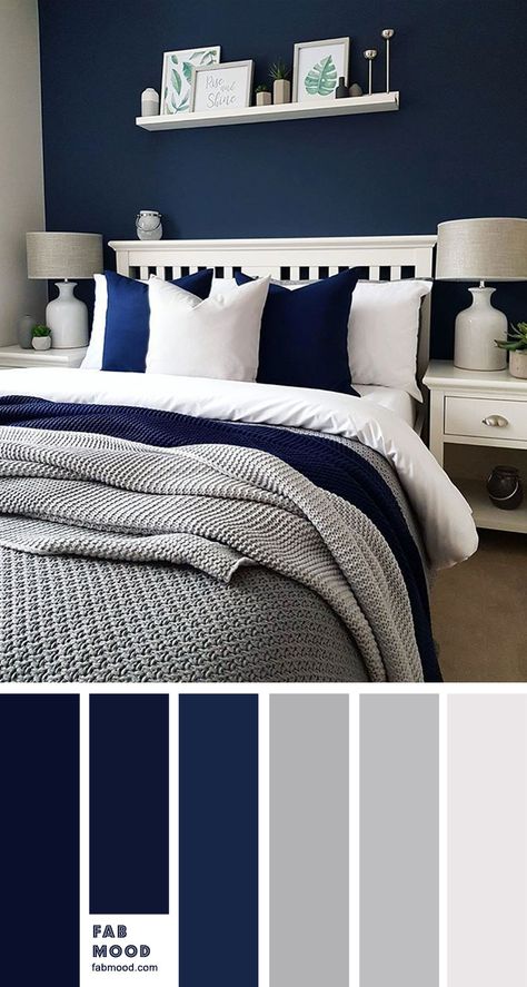 Bedroom color scheme ideas will help you to add harmonious shades to your home which give variety and feelings of calm. From beautiful wall colors... Grey Bedroom Colors, Blue Bedroom Colors, Navy Blue Wallpaper, Teenage Room Decor, Design Ložnic, Blue Bedroom Walls, Navy Blue Bedrooms, Blue Bedroom Decor, Hiasan Bilik