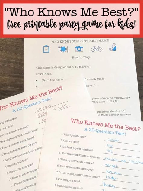 This fun and free printable party game for kids is perfect for kids birthday parties! Everyone thinks that they know the birthday boy or girl best- but this "Who Knows Me Best?" game will show you just how much they know or don't know!  #WhoKnowsMeBest #PartyGamesForKids #PrintablePartyGame #KidsBirthdayParties Easy Kids Party Games, Birthday Quiz, Who Knows Me Best, Dinner Party Games, Birthday Party Games For Kids, Birthday Party At Home, Games For Boys, Birthday Activities, Fun Games For Kids