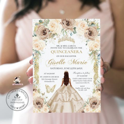 Champagne Roses, Invitations Quinceanera, Butterflies Vintage, Dress Invitations, Champagne Flowers, Birthday Invitations Diy, 16th Birthday Invitations, Pretty Watercolor, Gown Princess