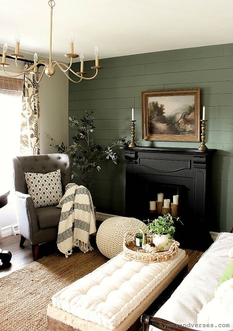 Farmhouse With Green Accents, Green Room Black Trim, Black Furniture Green Walls, Green Focus Wall Living Rooms, Moss Green Living Room Walls, Green Living Room Cabinets, Green Walls Black Fireplace, Green Wall Black Fireplace, One Green Wall Living Room