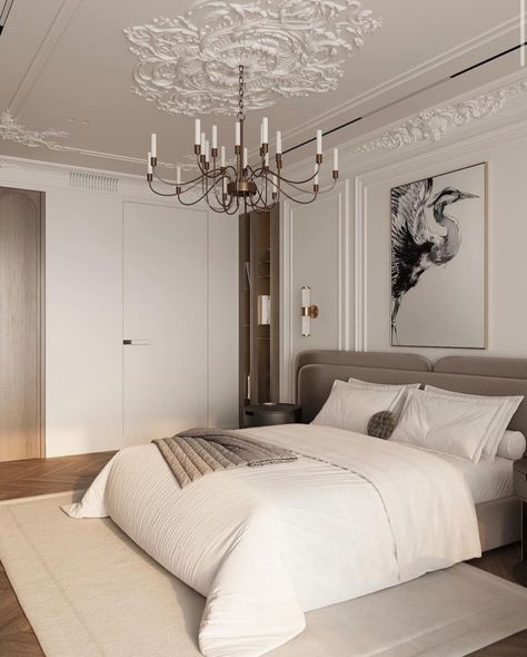 Parisian Bedroom Aesthetic, Modern Classic Bedroom Design, Neoclassic Interior Design, Modern Neoclassical Interior, Modern Classic Bedroom, Boutique Hotel Bedroom, Parisian Bedroom, Parisian Interior, Neoclassical Interior