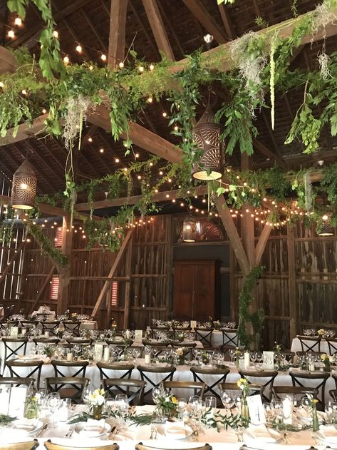 Wedding Greenery From Ceiling, Wedding Ceiling Lights And Greenery, How To Decorate Beams For A Wedding, Hanging Greenery Wedding Ceilings, Boho Greenery Wedding Table Settings, Greenery On Beams Wedding, Plant Wedding Reception, Greenery Wedding Aesthetic, Large Venue Decorating