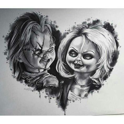 Chucky And Tiffany Tiffany Tattoo, Chucky Drawing, Chucky Tattoo, Chucky And Tiffany, Horror Movie Tattoos, Movie Tattoos, Scary Tattoos, Theme Tattoo, Bride Of Chucky