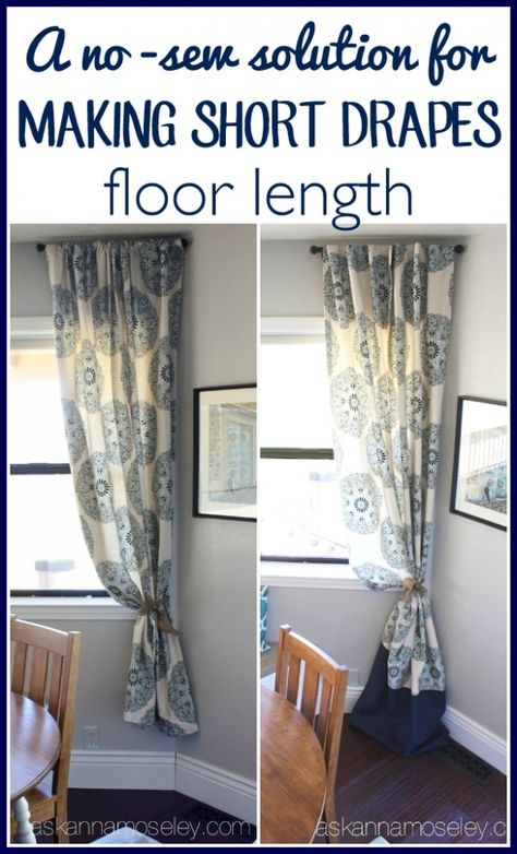 An inexpensive, no-sew solution to make short drapes floor length - Ask Anna Lengthen Curtains, Short Drapes, Shower Curtain With Valance, Sew Curtains, Window Boxes Diy, Wicker House, Sew Projects, No Sew Curtains, Construction Diy