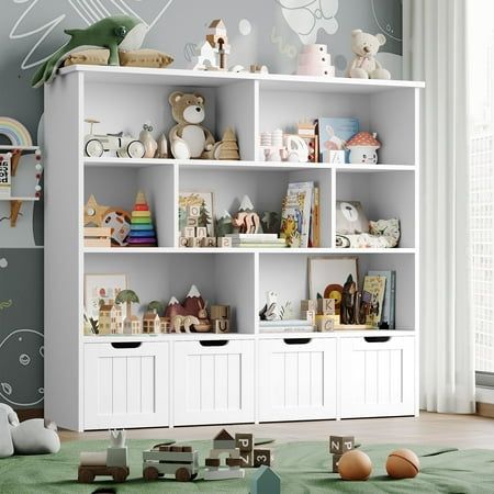 Homfa 7 Cube Toy Storage Organizer, Kids Geometric Bookcase and Bookshelf with 4 Drawers, White Bedroom Shelf Decor Ideas Wall Shelves, Cube Toy Storage, Farmhouse Playroom, Playroom Inspiration, Toy Storage Organizer, 4 Shelf Bookcase, Big Room, Countertop Organization, Small Kitchen Organization