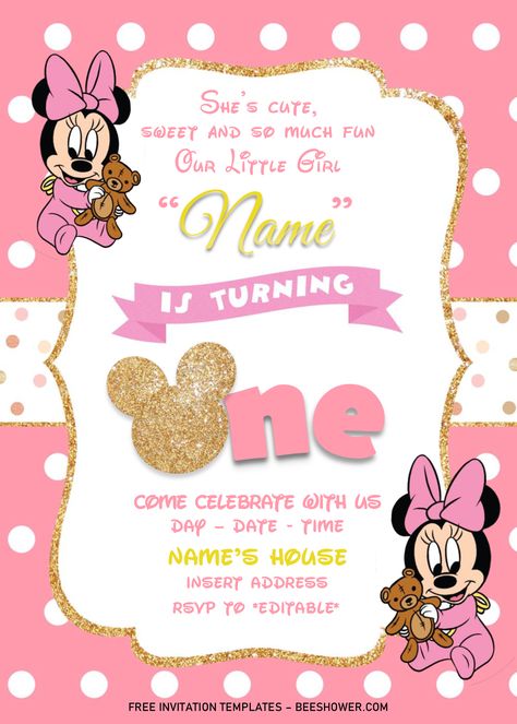 Download Now Gold Glitter Minnie Mouse Birthday Invitation Templates - Editable .Docx Minnie Mouse Invitation Template, Baby Birthday Invitation Card, Minnie Invitations, Minnie Mouse Invitation, Minnie Mouse Birthday Theme, Minnie Mouse Theme Party, Minnie Mouse Birthday Party Decorations, Minnie Mouse First Birthday, 1st Birthday Invitation Template