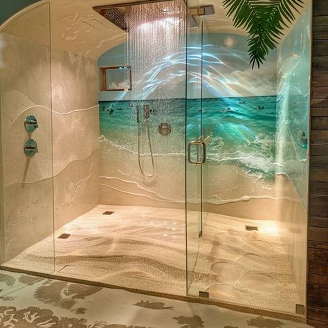 Seaside Serenity: Beach-Themed Showers for Coastal-Inspired Retreats Ocean Theme House, Beach Vibe Bathroom, Coastal Shower Tile Ideas, Sea Bathroom Ideas, Mermaid Beach House, Bathrooms 2023, Adu Bathroom, Sea Themed Bathroom, Beachy Artwork