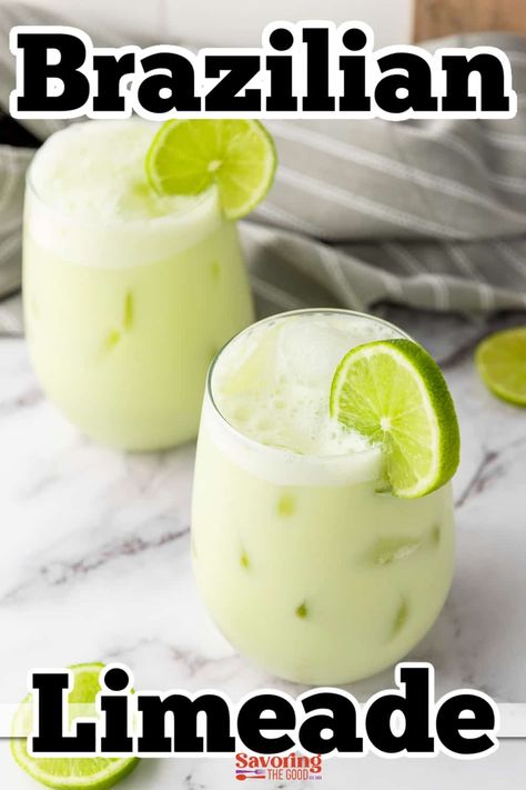 This easy Brazilian limeade is a frothy blend of tart Key limes, sweetened condensed milk and ice. Brazilian limeade is a sweet and tangy lime juice drink that provides a cooling, citrusy flavor punch. It's a refreshing drink originating from Brazil, especially served ice cold on a hot summer day. Lime Condensed Milk Drink, Frozen Limeade Drinks, Brazilian Limeade, Limeade Drinks, Brazilian Lemonade, Sweetened Condensed Milk Recipes, Limeade Recipe, Key Limes, Frozen Limeade