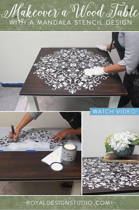 Wood Table Makeover, Painted Wood Table, Large Mandala, Mandala Stencils, Stencil Design, Stencil Furniture, Table Makeover, Diy Holz, Painting Furniture Diy