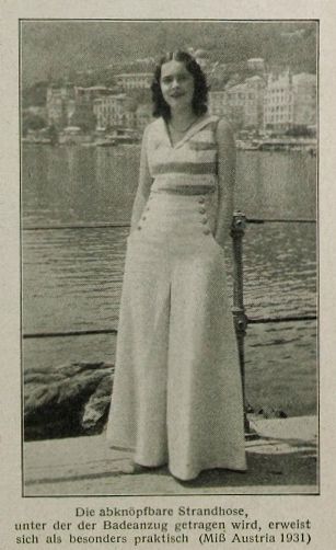 1930s Fashion: 1932 beach pajama fashion/ 30s wide leg sailor pants / photo print ad newspaper #1930s #1930sfashion #sailorpant #wideleg #vintagead