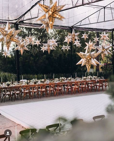 Hanging Stars Wedding, Celestial Backyard Wedding, Under The Stars Wedding Theme, Astronomy Wedding Theme, Stars Wedding Theme, Cosmic Wedding, Starlight Wedding, Night Sky Wedding, Star Themed Wedding