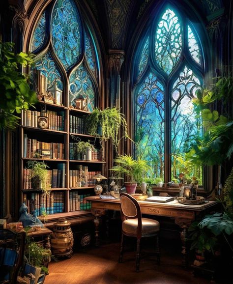 Gothic Plants, Fae World, Relax House, Fantasy Cottage, Architecture Renovation, Library Office, Dream Library, Fantasy Rooms, Library Aesthetic