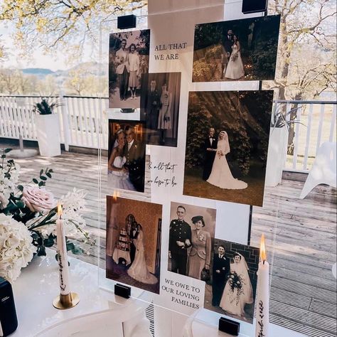 Engagement Picture Display At Wedding, Picture Collage Wedding Display, Photos Of Bride And Groom Display, Picture Display Wedding, Photo Board Ideas, Photo Wall Wedding, Tree Wedding Photos, Family Tree Wedding, Wedding Photo Wall