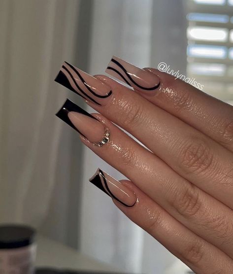 French Acrylic Nail Designs, Nail 2024, Black Acrylic Nails, Grunge Nails, Girly Acrylic Nails, Long Nail, Glow Nails, French Acrylic Nails, Classy Acrylic Nails