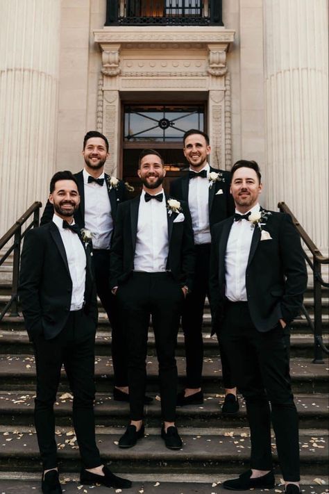 Groomsmen In Bowties, Groomsmen Black Suit Bowtie, Black Tux Groom And Groomsmen, Black Bowtie Groomsmen, Groomsmen In Black Suits, Black Tux Wedding Party, Black Tuxedo Wedding Groomsmen, Groomsmen Black Tuxedo, Black Suit Groomsmen