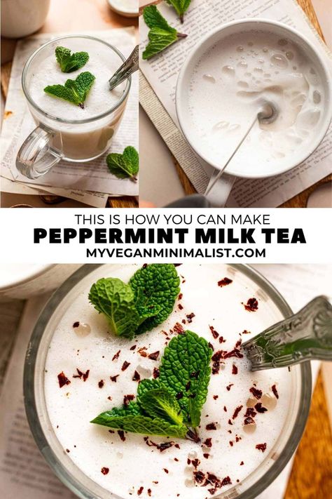 This peppermint milk tea melds the silkiness of oat milk with invigorating mint flavors. It's the perfect hot tea for a cold day and the ultimate drink during the holiday season.  The gently refreshing peppermint provides a light refreshment before, during, or after work or study. It's a great wake-up beverage with all the benefits of coffee but none of the caffeine. Plus, this recipe is so versatile. It can be served hot or cold & enjoyed with a variety of toppings. Peppermint Milk Tea, Chocolate Peppermint Tea Latte, Healthy Milk Tea, Mint Milk Tea, How To Make Peppermint Tea, Spearmint Tea Recipe, Tea Mix Recipes, Heathly Recipe, Peppermint Tea Latte