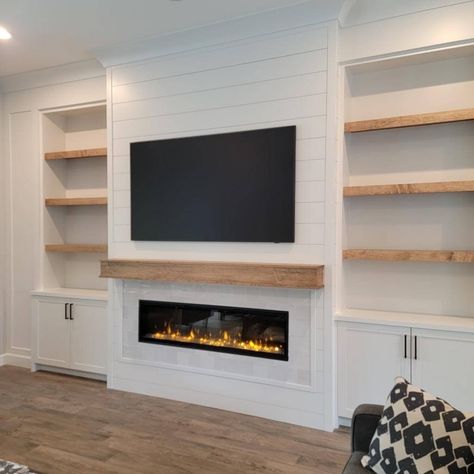 Built-ins & Cabinets — Champagne Taste Design Shiplap With Built Ins, Cabinets And Shelves Next To Fireplace, Livingroom Tv Wall Ideas, Built In Tv Wall Unit With Mantle, Fireplace With Built In Bookcase, Built In Tv Cabinet With Fireplace, Recessed Built Ins Around Fireplace, Built In With High Ceiling, Fireplace And Shelves Ideas