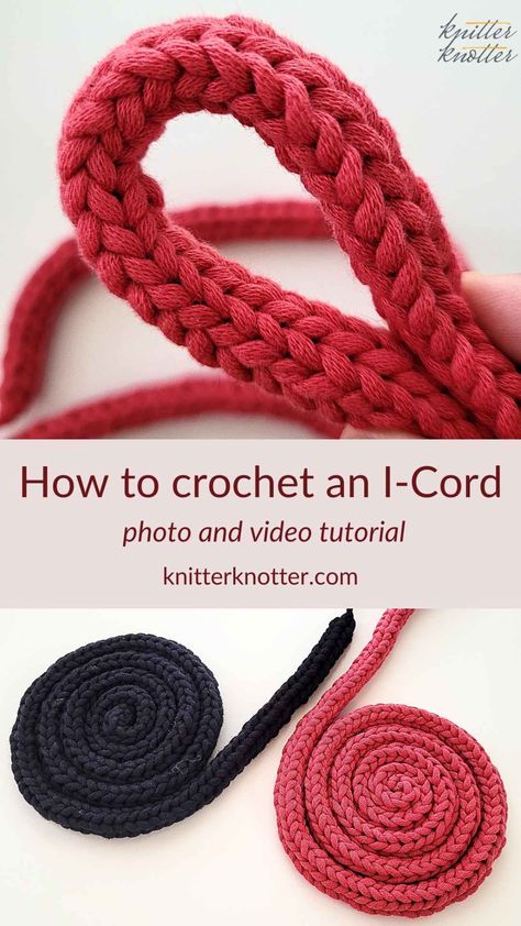 An I-Cord is a crochet or knit tube that is made up of a few stitches worked in a continuous round. Crocheting an I-Cord is very easy and can be used for a variety of purposes. It is also possible to vary the number of stitches to adjust the thickness of the cord. This tutorial contains a photo tutorial for crocheting a 3 stitch I-Cord. It also includes a video tutorial for crocheting a 3 stitch and a 4 stitch I-Cord. Crochet I Cord, Crochet Belt, Crochet Eyes, Crochet Cord, Crochet Chain, Knitting Machine Projects, Crochet Tips, Knitting Patterns Free Cardigans, I Cord