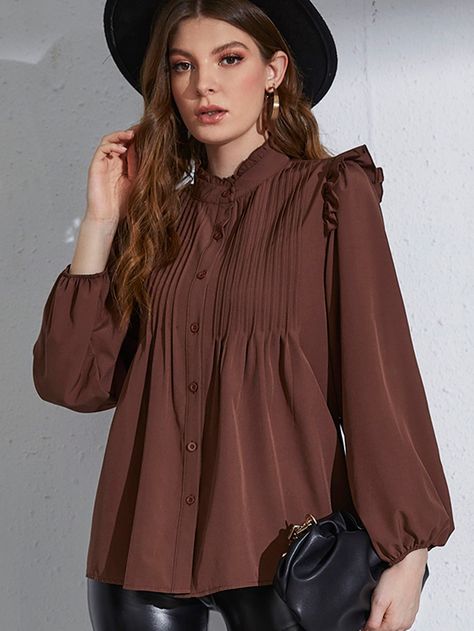 Chocolate Brown Elegant  Long Sleeve Polyester Plain Shirt Embellished Slight Stretch Spring/Fall Women Tops, Blouses & Tee Plain Tops For Women, Fancy Tops For Women Style, Fancy Shirts For Women, Brown Blouse Outfit, Brown Tops For Women, Fancy Top Design, Fancy Shirt, Blouse Casual Fashion, Stylish Short Dresses