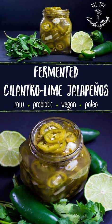 Preserve summer's harvest of jalapeño peppers and add gut-healthy probiotics to your Mexican-inspired meals with Fermented Cilantro-Lime Jalapeños! These probiotic peppers are totally raw, vegan, paleo, keto, and Whole30, perfect for topping healthy tacos, nachos, fajitas, and more! #allthenourishingthings #fermenting #jalapenos #probiotic #guthealth #mexicanfood Vegan Broccoli, Fermented Veggies, Healthy Probiotics, Fermentation Recipes, Fermented Vegetables, Healthy Tacos, Pickling Recipes, Samosa, Cilantro Lime