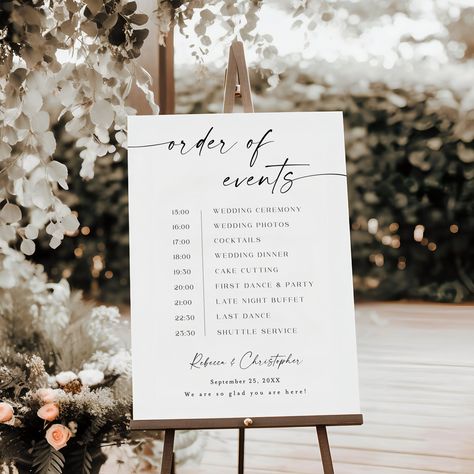 "This Wedding Order Of The Day Sign is a digital editable template, using Templett.com. Edit right in your web browser. It features a wonderful typography and refined style. This elegant Wedding Itinerary Sign will be the perfect touch for your Wedding, Rehearsal dinner, Engagement party, Vow Renewal, Bridal Shower, Bachelorette Party or other event. You will receive an access link within minutes after purchase to your email. Make your edits (wording, font, background color etc.), download and print at home or with a print shop/copy center/photo lab. Please try a free demo before purchase! ✅FULLY CUSTOMIZABLE TEXT, INCLUDING COLOR, SIZE AND STYLE ✅NO SOFTWARE TO INSTALL ✅NO FONTS TO DOWNLOAD ⬇️TRY THE DEMO BEFORE PURCHASE 🆓️FREE DEMO🆓️ TRY IT BEFORE YOU BUY IT Copy and paste this url int Order If Events Wedding Sign, Wedding Timeline Signs, Wedding Agenda Sign, Wedding Day Timeline Sign, Wedding Itenary Board, Order Of The Day Wedding Sign, Wedding Reception Order Of Events, Timeline Wedding Sign, Wedding Itinerary Sign