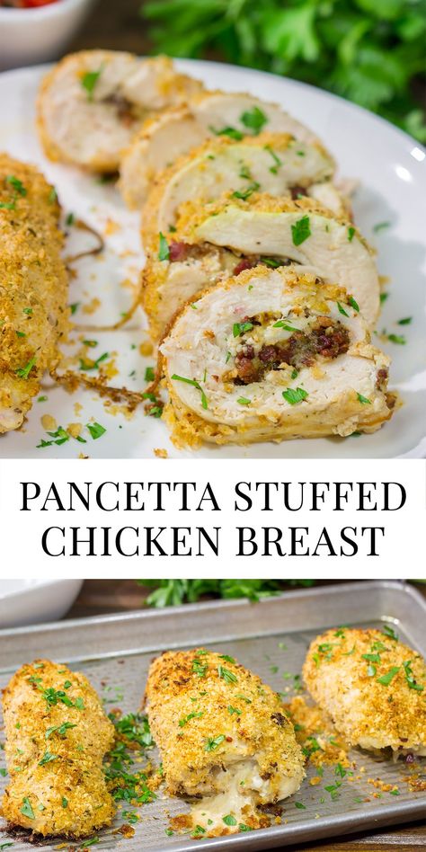 Pancetta Stuffed Chicken Breasts | Tasty dinner recipe! Pancetta Chicken Recipes, Chicken And Pancetta Recipes, Chicken Pancetta Recipes, Italian Stuffed Chicken Breast, Panchetta Recipes, Pancetta Recipes, Stuffed Chicken Breasts, Main Entrees, Stuffed Chicken Breast