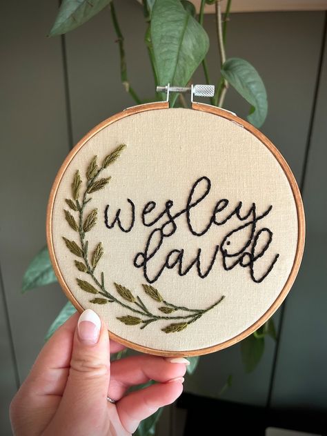 Hand Embroidered Name Hoop, Personalized Embroidery Hoop, Baby Name Announcement, Leaf Embroidery, Embroidery Hoop, Birth Announcement Sign - Etsy Custom Name Embroidery, Embroidered Name Onesie, Christmas Name Embroidery, Embroidered Birth Announcement, Embroidery For Nursery, Nursery Embroidery Ideas, Oval Embroidery Hoop Ideas, Little Boy Embroidery Ideas, Personalized Embroidery Gifts