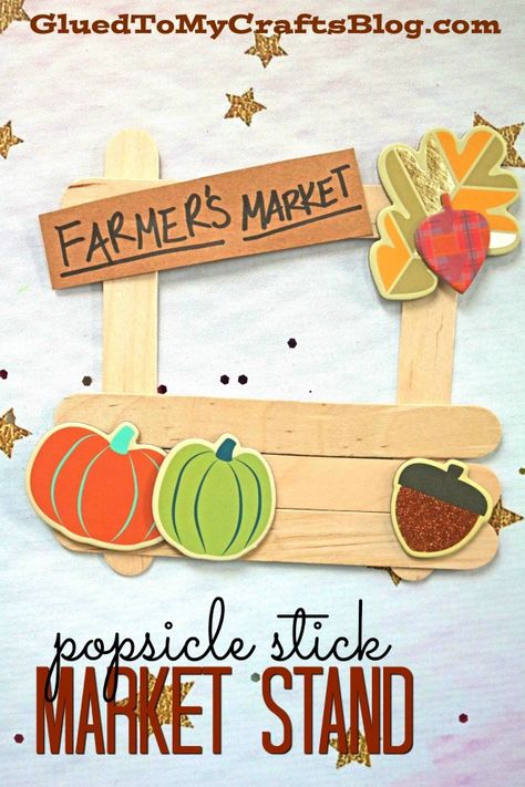 Popsicle Stick Farmer's Market Stand - Fall Kid Craft Idea #gluedtomycrafts Pumpkin Patch Stand, Popsicle Stick Pumpkin, Kids Farmers Market, Farmer Craft, Vegetable Crafts, Pumpkin Stand, Popsicle Crafts, Stick Crafts, Kid Craft