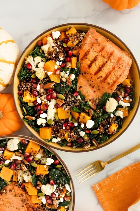 Roasted Cauliflower With Pecan Feta And Date Crumble, Salmon Squash, Fall Salmon, Quinoa Pomegranate, Squash Bowl, Fall Salad Recipes, Garlicky Kale, Honey Mustard Salmon, Mustard Salmon