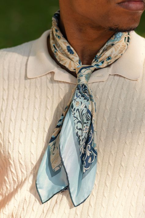 Inspired by Naples' ancient history and scenic beauty, this scarf showcases timeless artistry and handmade excellence, enhancing your style with Italian sophistication. The classic neckerchief size: Approx. 27" x 27". A comfortably large size that fits most men, unlike smaller bandanas. 100% silk twill: A soft, silky fabric traditionally used in men's tailoring for its look and its drape. Characterized by a diagonal weave which makes it very durable. Hand rolled hems: For the ultimate in luxury Men's Silk Scarf, Men’s Silk Scarf Fashion, Neck Ties For Men, Mens Silk Scarf Outfit, Men Italian Fashion, Mens Head Scarf, Silk Scarf Outfit Men, Maximalist Fashion Men, Quirky Mens Fashion