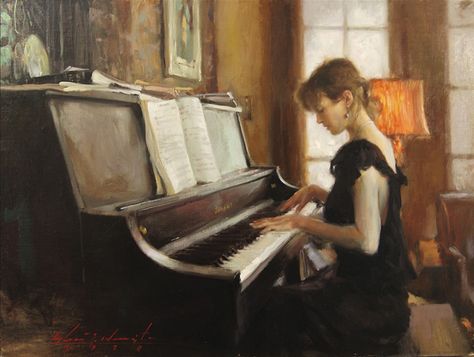 Oil painting by Glenn Harrington Oil Painting Basics, Oil Painting App, Piano Girl, Emily Elizabeth, Oil Painting Woman, Piano Art, Playing The Piano, Oil Painting Techniques, Playing Piano